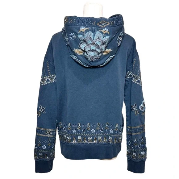 Driftwood Blue Teddy Rose Patchwork Embroidered Hooded Zip Sweatshirt Large - Picture 4 of 8